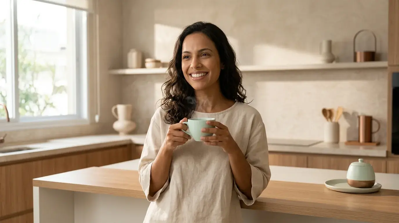 Mulher sorrindo com café