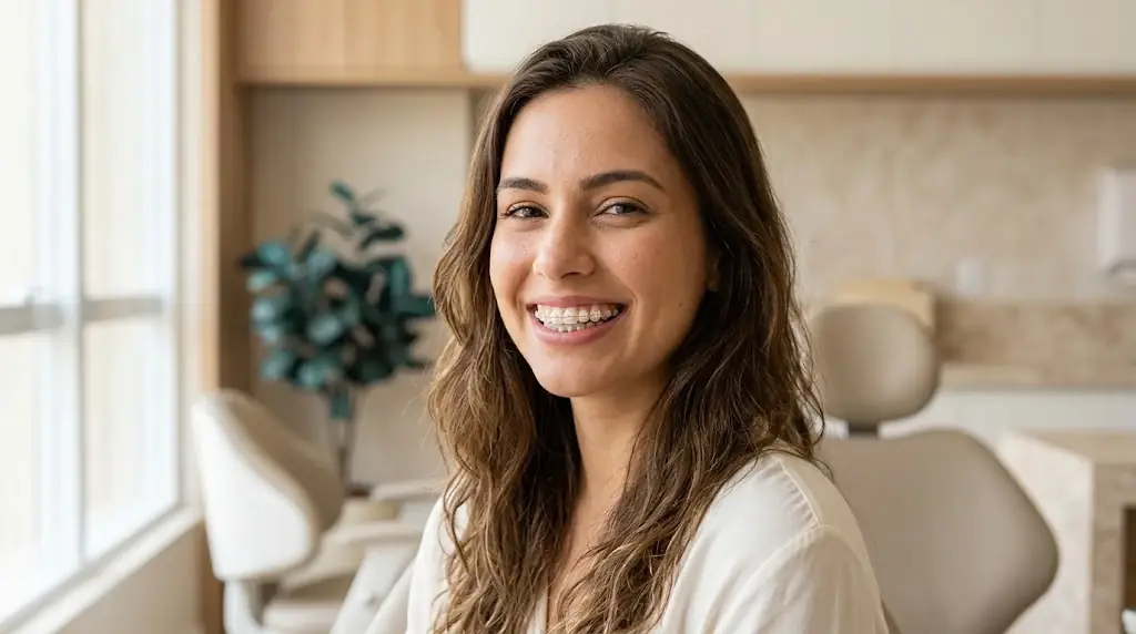 Mulher sorrindo com aparelho ortodôntico estético